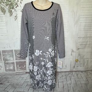 LuLaRoe Debbie Womens Black White Strip Floral LS Sheath Dress Sz. Medium M New